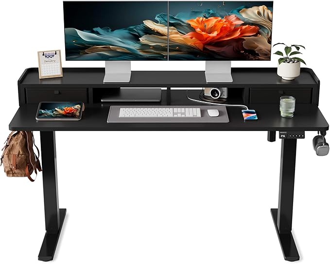 YIHAYO Electric Standing Desk with Drawers, 60 x 24 Inches Adjustable Desk with Storage Shelf, Computer Table with Splice Board for Home Office, Black Frame/Black Top