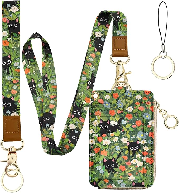 bolimoss Cute 2-in-1 ID Badge Holder & Lanyard Wallet, Black Cat Floral Wallet with Removable Wristlet & Neck Lanyard, Clear Window, 5 Card Slots, 1 Side Zipper Pocket, Ring Keychain