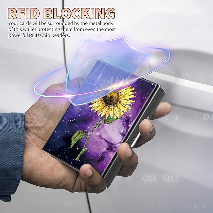 BWEGRHE Slim Credit Card Holder, Sunflower Yellow Purple Galaxy RFID Blocking Metal Wallet for Men & Women, Aluminum Minimalist Hard Case Pocket-Sized Business Cards Organizer (Fits Up to 10 Cards)