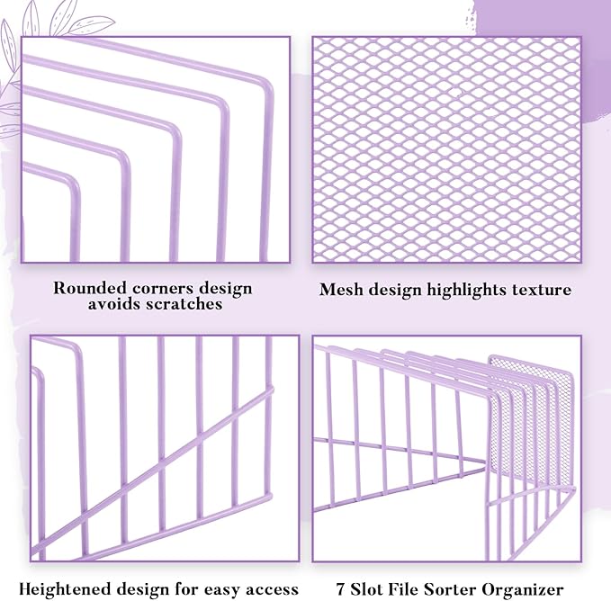 2 Pcs 7 Section Incline File Sorter Metal Wire Mesh File Rack for Desktop Letter Sorter for Magazine Folder Book Organizer Home Office School Paper Mail Desk Storage Holder (Purple)