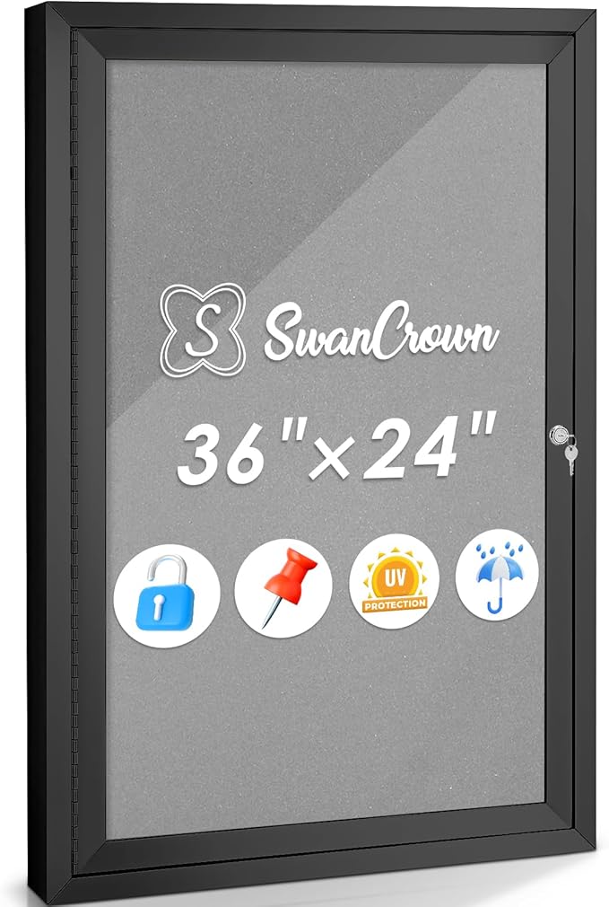S SWANCROWN Outdoor Bulletin Board Weatherproof 36x24in, Enclosed Bulletin Board Wall Display Case Grey Felt Board for Office School Commerce,Black Aluminum Frame