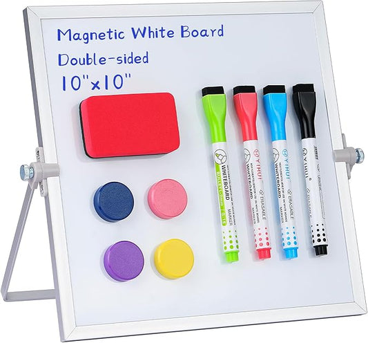 MXG 10x10 Inch Magnetic Dry Erase Board, Double Sided Small Whiteboard with Stand, 360° Rotatable & Adjustable, Includes Markers, Eraser & Magnets, for Office, Home, Fridge, Wall