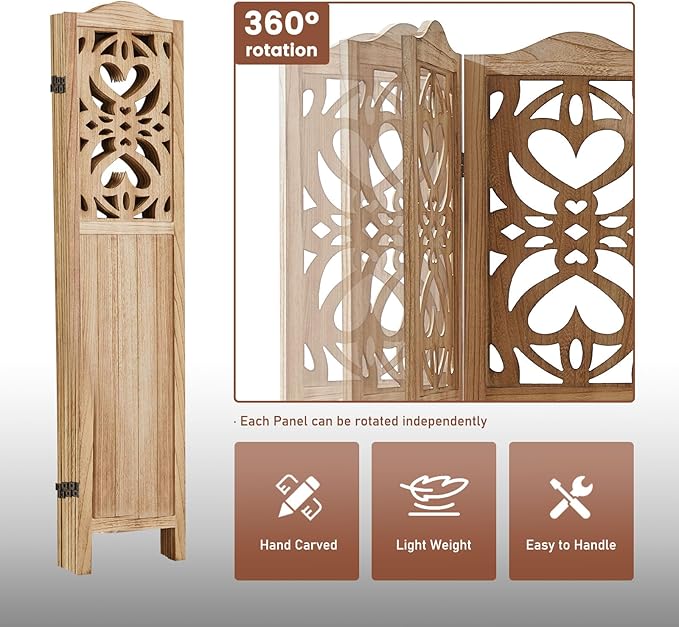 ALeesing 6 Panel Room Divider Fully Assembled, Carved Room Dividers and Folding Screens, 5.6Ft Wood Room Divider Screen Freestanding Partition Wall Dividers for Home Bedroom Office, Rustic Wood Color