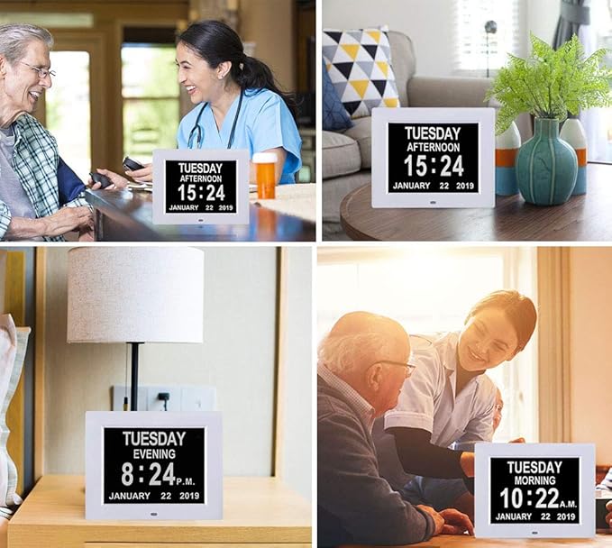 TMC 8 Inch Digital Dementia Clock for Seniors – Large Auto-Dimming Display with Date & Time, Multi-Language Calendar, 5 Alarms + Medicine Reminders – Wall or Desk Mount, Built-in Stand (White, SD)