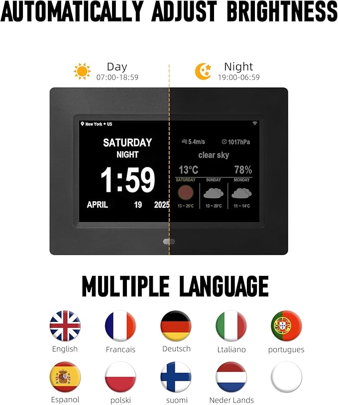 Memwake Digital Alarm Clock, Multiple Alarm Functions, Clock with Date and Day, Digital Alarm and Electronic Calendar for Seniors (White, 7 inch) (7-inch Black WiFi)