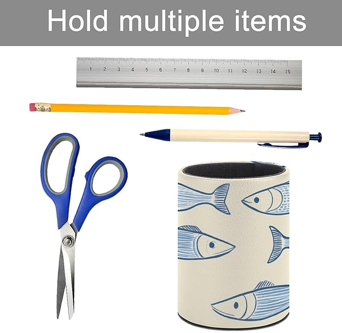 Sardine Fish Pencil Holder Leather Desk Organizer Stand Round Pen Cup Container for Home Office