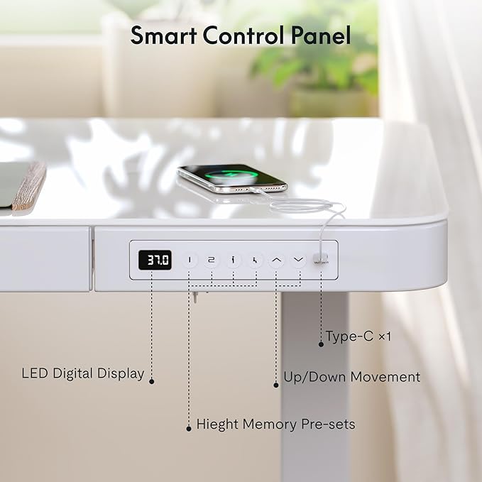 FLEXISPOT Comhar Electric Pure Glass Standing Desk with Drawer Desktop & USB Charge Ports, 48" Ergonomic Height Adjustable Sit to Stand Desk for Home Office (White, Glass)