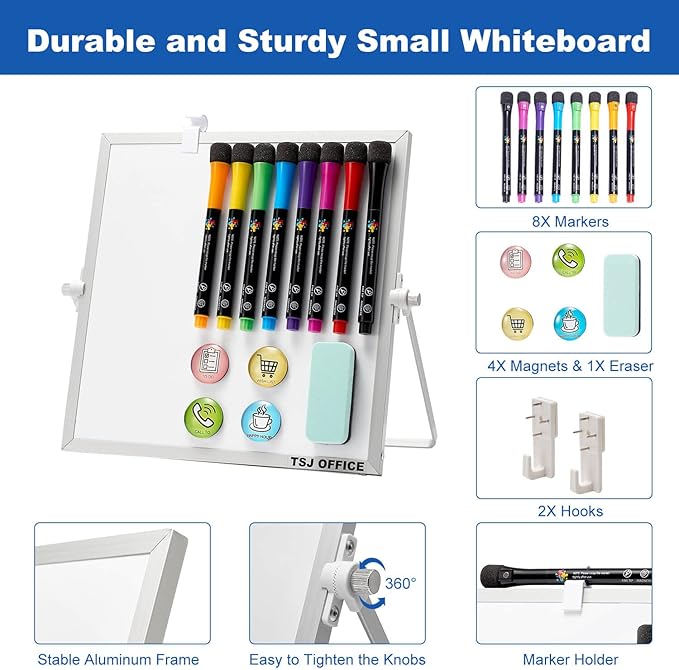Small Magnetic Dry-Erase White Board – 10 x 10 Inches Mini Easel Whiteboard 360 Degrees Revolving Double Sided Stand for Office, Home, School