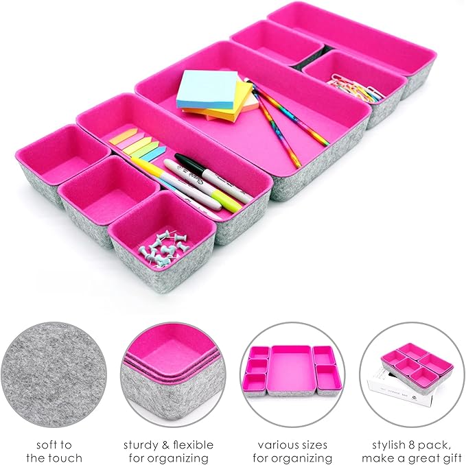 Welaxy Desk Drawer Organizer Tray Set, 8-Piece Office Drawer Organizers for Pens, Makeup, Keys, Crafts, Entryway Catchall, Decluttering Storage (Hot Pink)