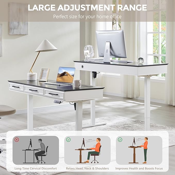 wow97e Electric Standing Desk with 3 Storage Drawers, 55x22 Inch Adjustable Height Office Computer Desk w/Power Outlets & One-Piece Desktop, Sit to Stand Up,Gaming Table for Home and Study, White
