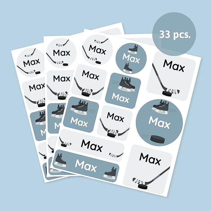 Large Name Labels for Kids (33) - Custom Stickers for Daycare and School Supplies - Durable, Waterproof Stickers for Water Bottles, Lunch Boxes, and More with Unique Designs - Hockey