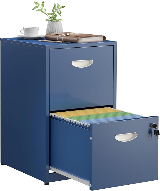 SteeLoong 2 Drawer File Cabinet with Lock,Blue Metal Office Drawers Filing Cabinets for Home Office, Two Drawer Under Desk File Cabinet for Hanging Letter,Easy Assemble