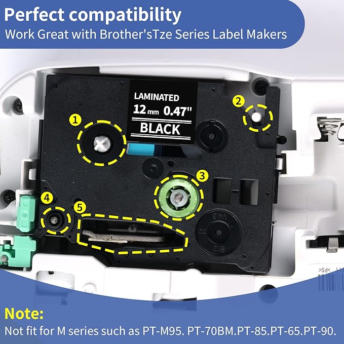 Label Maker Tape TZe-335 Compatible with Brother TZ-335 Laminated White on Black for Brother P Touch PTD210 PTH110 PTD600 PT-123PC PT-P700 Label Maker, 12mm 0.47 Inch, 5Pk