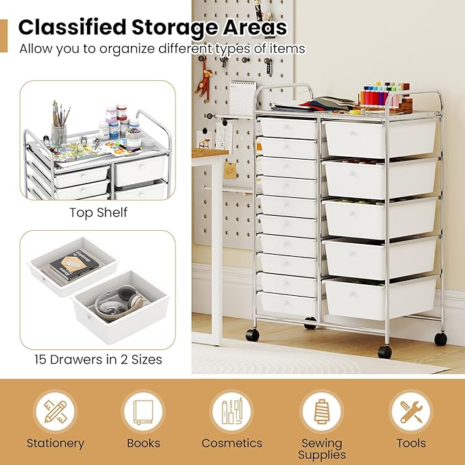 Giantex 15 Drawer Rolling Cart with Drawers, Storage Organizer Cart for Classroom Office School Teacher, Mobile Drawer Cart for Tools, Crafts, Small Printer, Ivory