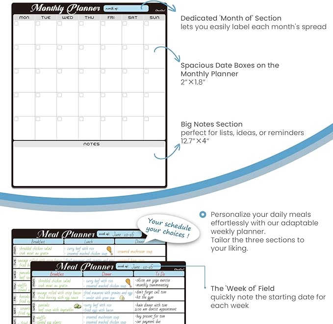 Magnetic Dry Erase Monthly Calendar Set - 15.5"x13" Monthly Calendar and 8.5"x13" Menu Board for Fridge - 6 Extra Fine Point Markers Included - Shipped Flat
