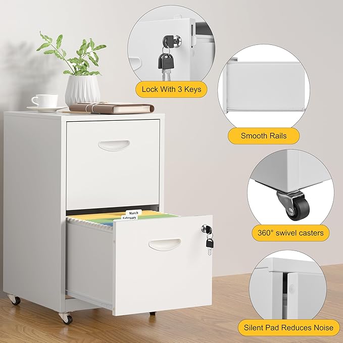SteeLoong 2 Drawer File Cabinet with Lock，White Rolling File Cabinet for Home Office, Metal Small Mobile Filing Cabinets on Wheels for Hanging Letter