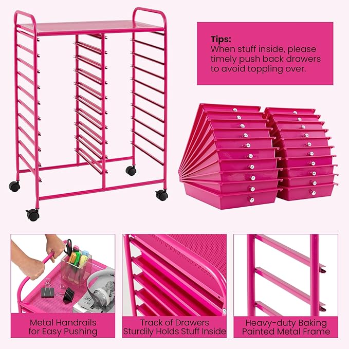 Happygrill 20-Drawer Organizer Cart Tools, Mobile Utility Storage Cart with Removable Drawers & Lockable Wheels, Rolling Storage Cart with wheels for Home Office School (Hot Pink)