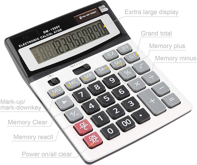 HIHUHEN Large Electronic Calculator Counter Solar & Battery Power 12 Digit Display Multi-Functional Big Button for Business Office School Calculating (1 x Calculator)