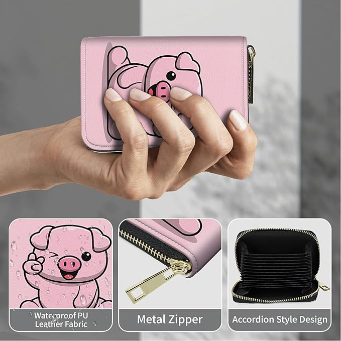 BWEGRHE Cute Credit Card Holder with Zipper, Pink Pig RFID-Blocking Card Case Small Wallet for Women Men, Multi-slot Card Organizer Case Travel Accordion Wallet