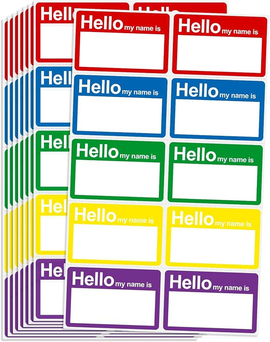 L LIKED Hello My Name is 5 Colors 3.5" x 2.25" 200 Name Tags Stickers for Party, Office, Meeting, School
