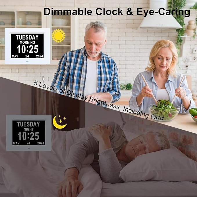 TMC 8 Inch Digital Dementia Clock for Seniors, Large Calendar with Day Date & Week Display, 5 Alarms + 3 Medicine Reminders, Plays SD Card Video, Wall Mountable, Detachable Stand (White, SD)