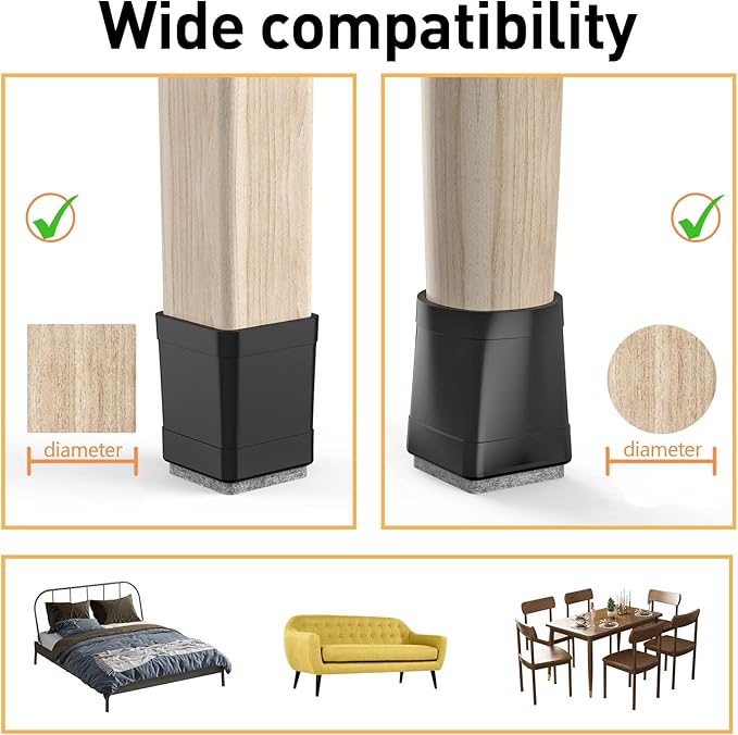 Square Chair Leg Protectors for Hardwood Floors, 16 Pcs Silicone Felt Furniture Leg Cover,Black.1.575" to 1.811".