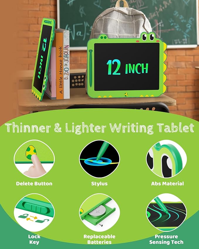 Kikapabi LCD Writing Tablet for Kids, 12 inch Dinosaur Doodle Board Toys Gifts for Boys Girls Age 3 4 5 6 7 Year Old, Mess-Free Drawing Pad Portable Learning Travel Toy Birthday Christmas Gift Green