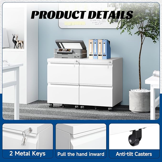 Fesbos 2 Drawers Vertical File Cabinet - Fully Assembled White Under Desk Mobile Filling Cabinet Small Lockable Home Office File Cabinets for A4/Letter/Legal Size