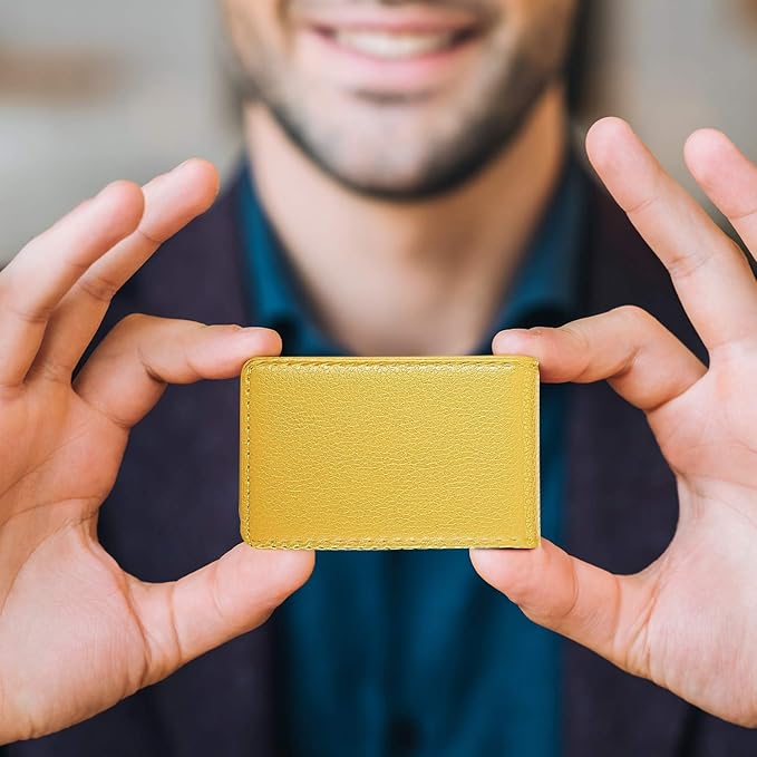 Outus 2 Pieces Business Card Holder, PU Leather Business Card Case Pocket Wallet with Magnetic Shut for Christmas Gift Men Women(Yellow and Pink,Classic)
