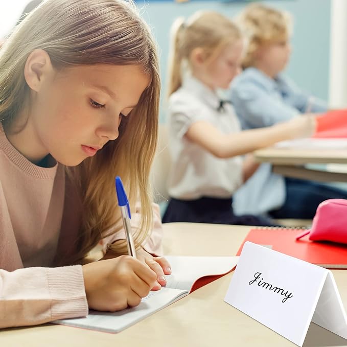 Fainne 30 Sets Dry Erase Name Tent Cards with Black Markers 8.7 x 2.8 x 1.9 Inches White Reusable Name Plate Wipe Clean Desk Tags Sign for Classroom Table Office Conference Meeting Weddings