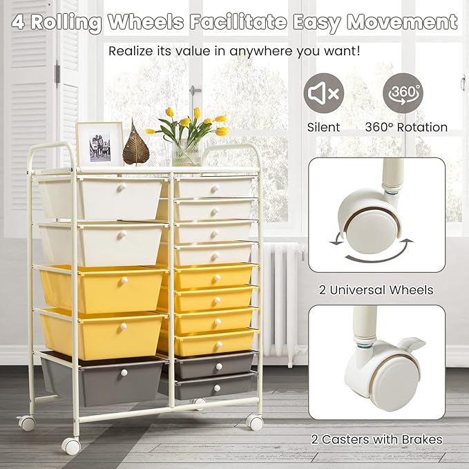 GLACER 15 Drawers Rolling Cart, Storage Cart with w/Removable Drawers & Steel Frame, Multipurpose Organizer Cart w/Sleek Handle, Utility Cart on Lockable Wheels for Home, School, Office (Yellow)