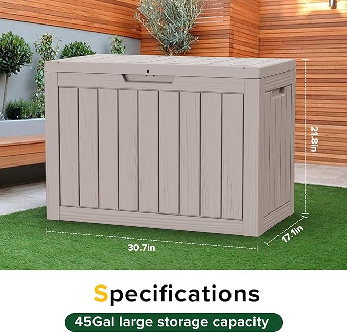 PATIOEASY 45GAL Deck Box -Grey,Lockable Patio Outdoor Storage Box for Furniture,Waterproof,Outdoor Cushions