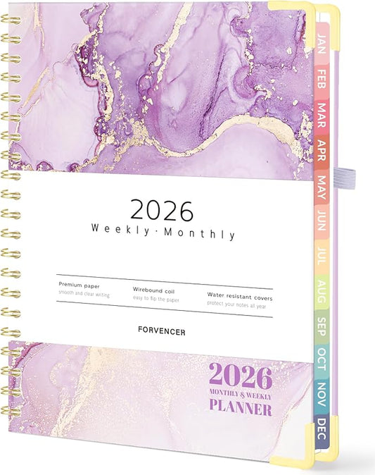 Forvencer 2026 Planner, Hardcover Calendar Planner Weekly and Monthly, Jan 2026 - Dec 2026, 8.5" x 11", Spiral Agenda Book with Tabs, Exquisite Daily Journal Organizer for Home School, Purple Marble