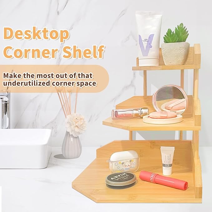 HYNAWIN Bamboo Corner Desk Organizer Shelf, 3-Tier Triangle Storage Rack for Office & Home, Space-Saving Desktop Shelf for Books, Stationery, Makeup, Small Items