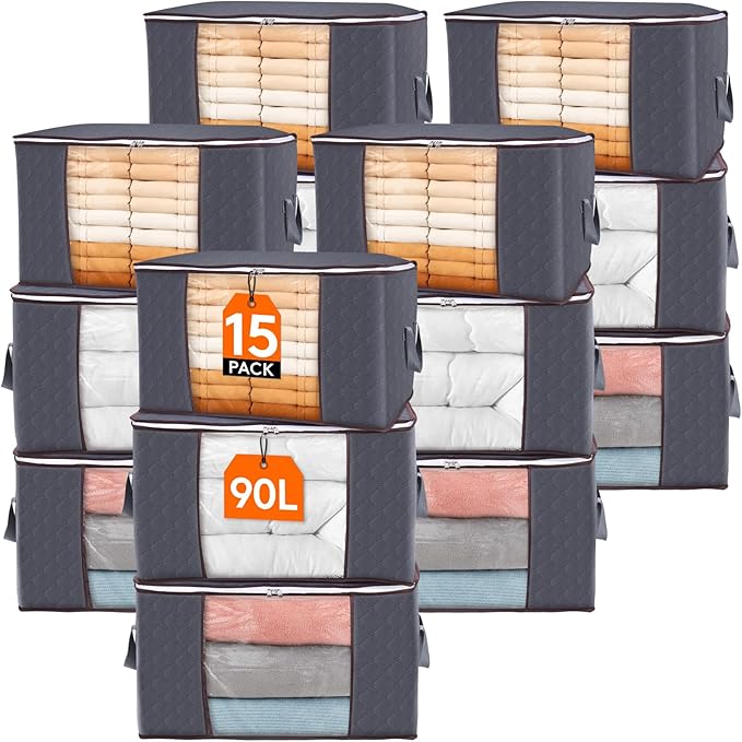 Lifewit Large Capacity Clothes Storage Bag Organizer with Reinforced Handle Thick Fabric for Comforters, Blankets, Bedding, Foldable with Sturdy Zipper, Clear Window, 15 Pack, 90L, Grey