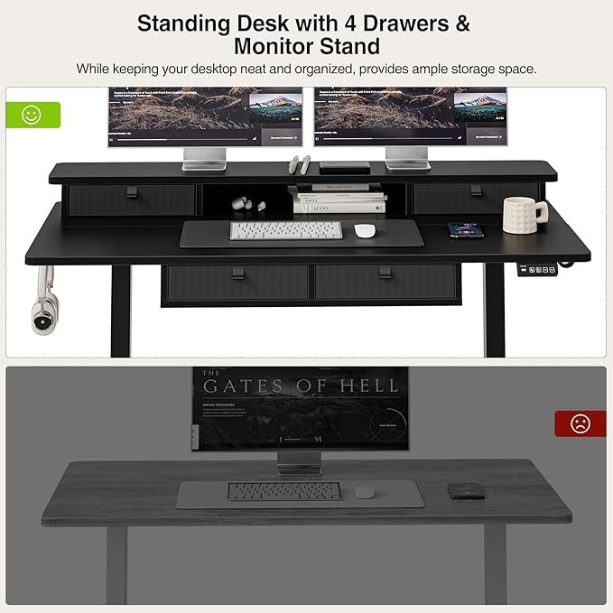Grandder 55 x 28 inch Electric Standing Desk with 4 Drawers, Sit Stand Up Desk Adjustable Height with Storage Shelf for Home Office Ergonomic Adjustable Desk with Splice Board, Black