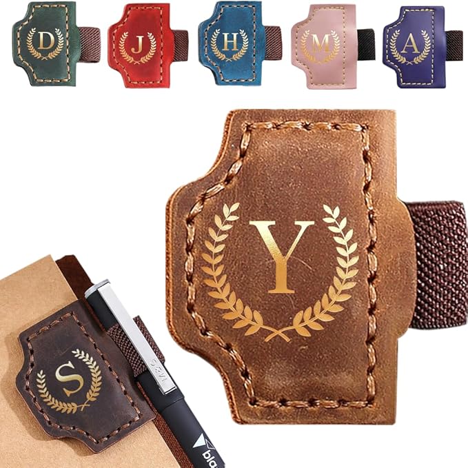 Personalized Bygone Mark Bookmark with Pen Holder, Leather Magnetic Bookmark 26 Letters,Gifts for Book Lovers, Readers, Leather Book Marks for Men Women (Brown, Y)