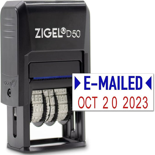 ZIGEL D50 Date Stamp with E-MAILED - Self Inking Date Stamp - Blue/Red