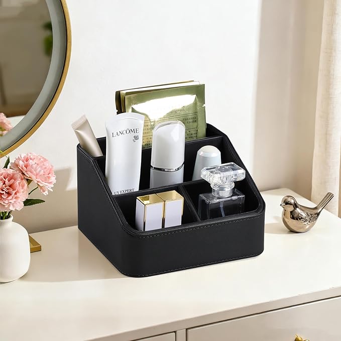 MEIBOOCH Remote Control Holder, PU Leather Small Desk Organizer with 4 Compartments, Nightstand Organizer Desk Caddy for Remote, Notepad, Phone, Glasses, and Accessories (Black)