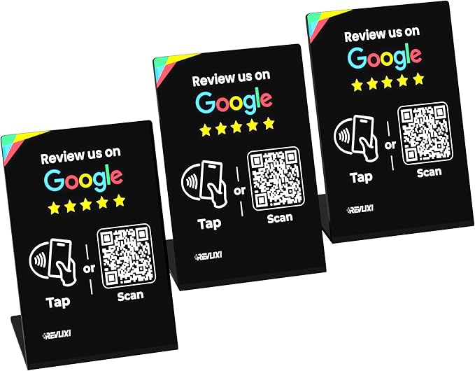 REVLIXI Google Review Stand (3 PCS)- Boost Reviews w/ 3x4 inch Reusable Google Review Tap Card Stand & QR Code Stand -No App,No Subscription- Android & iPhone Compatible- Google Reviews Made Easy