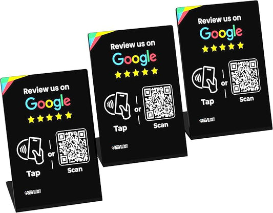 REVLIXI Google Review Stand (3 PCS)- Boost Reviews w/ 3x4 inch Reusable Google Review Tap Card Stand & QR Code Stand -No App,No Subscription- Android & iPhone Compatible- Google Reviews Made Easy