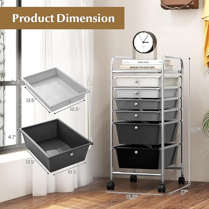 RELAX4LIFE 6-Drawer Rolling Storage Cart - Classroom Organization on Wheels w/Removable Plastic Drawers, Mobile Art Craft Cart for School Paper Home Office, Utility Cart with Drawers (Gradient Grey)