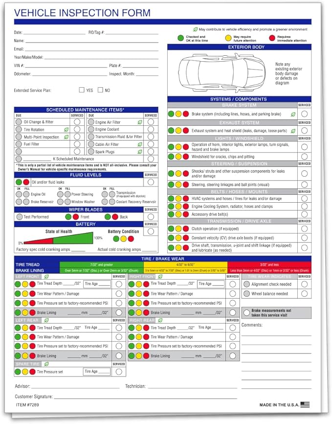 Multi-Point Inspection Form for Vehicles – 2-Part Carbonless Vehicle Checklist Pad – 8.5" x 11" Inspection Report – Edge-Glued, Manufacturer Recommended – White - Pack of 500