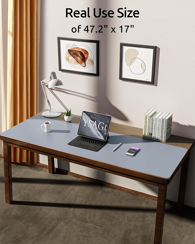 YSAGi Leather Desk Protector, Office Mat, Large Mouse Mat, Non-Slip PU Leather Blotter, Laptop Desk, Waterproof Writing Pad for Office and Home (Light Grey, 47" x 17")