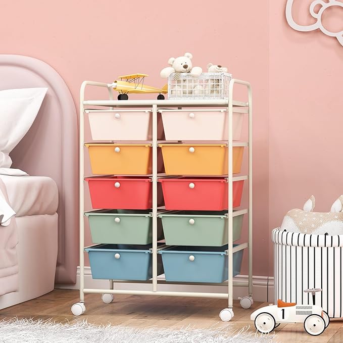 GOFLAME 10-Drawer Rolling Storage Cart, Art Craft Storage Organizer on Wheels, Multipurpose Movable Utility Cart for School, Office and Home, Macaron Color