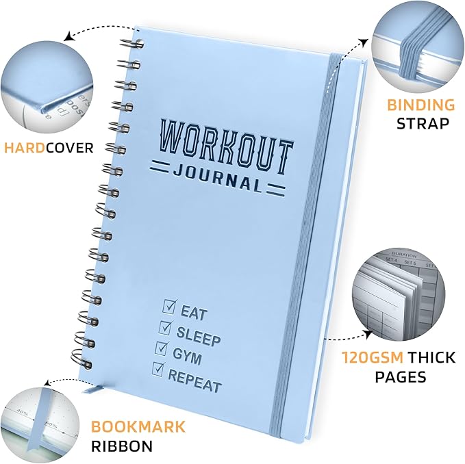 Nextnoid Hardcover Fitness Journal Workout Planner for Men & Women - A5 Sturdy Workout Log Book to Track Gym & Home Workouts - Blue