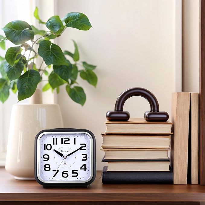 Tinload 5.5" Large Analog Alarm Clock Silent Non Ticking, Gentle Wake, Beep Sounds, Increasing Volume, Battery Operated Snooze and Manual Light, Easy Set, Black (Best for Elder)