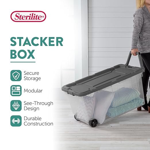 Sterilite 6-Pack Modular Stacker Box, Durable Clear Plastic Storage Bins with Latching Lids, 160 Quart - Stackable Organizing Container Boxes for Closet, Bathroom, and Office