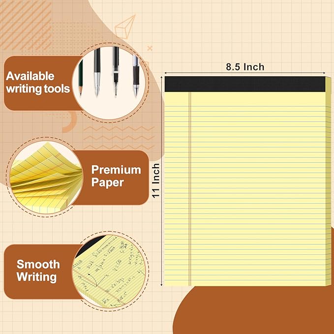 6 Pack Legal Pads 8.5 X11, College Ruled Notebook, 300 Sheets Yellow Note Pad, Writing Pads 8.5x11, Tear Off Notepad, Lined Paper, Notebook Paper for Office Home School, 50 Sheet/Pad