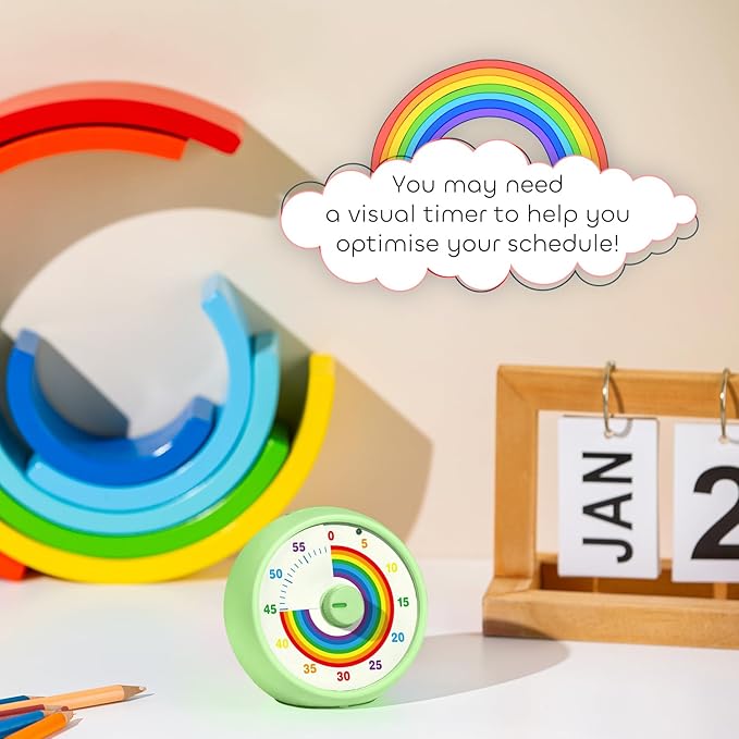 Visual Timer for Kids, 60-Minute Countdown Timer for Classroom Office Kitchen, Desk Timer Kids Time Management Tools with Silent Operation, Pomodoro Time Rainbow Pattern (Green)